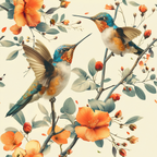 hummingbirds, spring flowers, orange blossoms, teal blue, coral orange, sage green, cream background, floral branches, bird illustration, nature pattern, botanical design,, fabric panel, spring theme, wildlife motif, delicate artwork, soft colors, garden scene, flowering vines, artistic birds