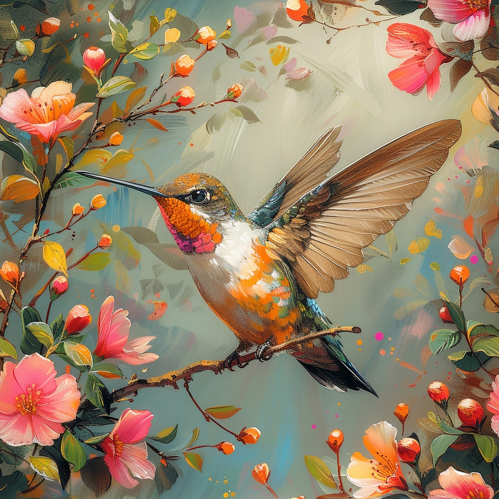 hummingbird, spring flowers, coral pink, orange blossoms, teal blue, brown wings, floral branches, nature scene, botanical art,, fabric panel, painterly style, cherry blossoms, bird in flight, pastel colors, garden theme, watercolor effect, delicate petals, artistic illustration, cotton fabric