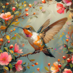 hummingbird, spring flowers, coral pink, orange blossoms, teal blue, brown wings, floral branches, nature scene, botanical art,, fabric panel, painterly style, cherry blossoms, bird in flight, pastel colors, garden theme, watercolor effect, delicate petals, artistic illustration, cotton fabric