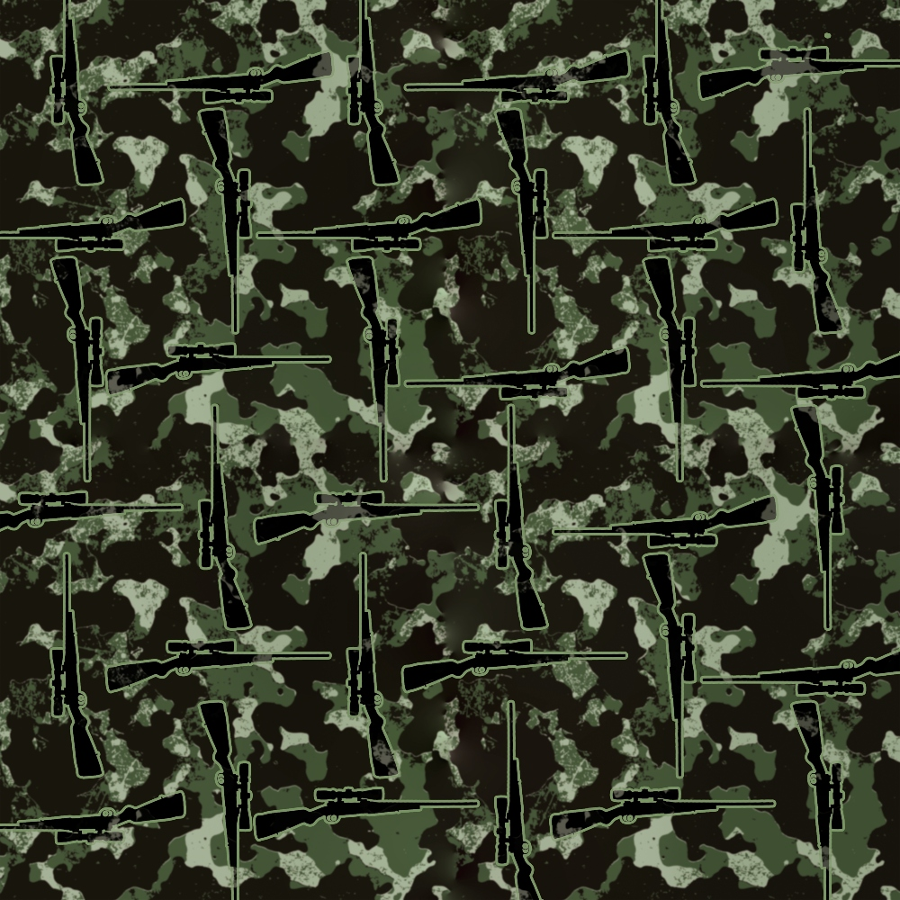 hunting rifles, camouflage pattern, military green, forest green, olive drab, black accents, beige spots, woodland camo, firearms motif, assault rifles, tactical weapons, outdoor hunting, military style,, fabric panel, seamless repeat, weapon silhouettes, hunting theme, tactical gear, sporting goods