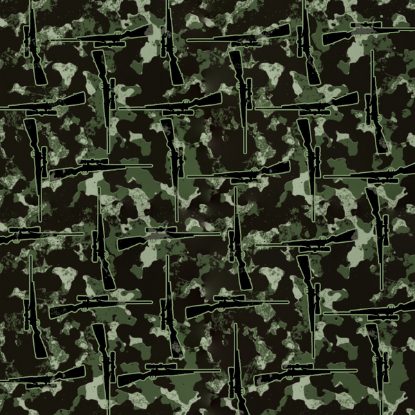 hunting rifles, camouflage pattern, military green, forest green, olive drab, black accents, beige spots, woodland camo, firearms motif, assault rifles, tactical weapons, outdoor hunting, military style,, fabric panel, seamless repeat, weapon silhouettes, hunting theme, tactical gear, sporting goods