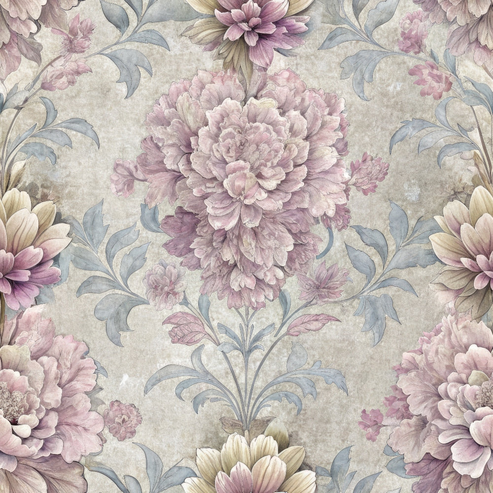 mauve, dusty rose, sage green, cream background, hydrangeas, peonies, floral pattern, botanical design, vintage style, damask motif,, fabric panel, layered petals, ornate florals, muted tones, romantic flowers, textile design, repeating pattern, soft pastels, elegant blooms