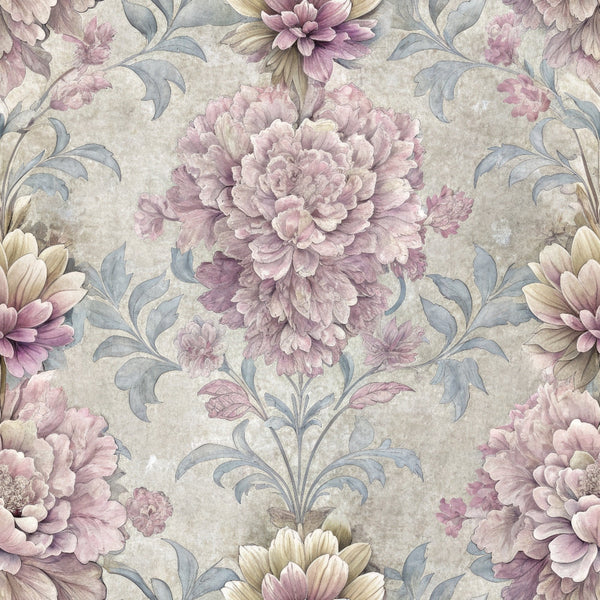 mauve, dusty rose, sage green, cream background, hydrangeas, peonies, floral pattern, botanical design, vintage style, damask motif,, fabric panel, layered petals, ornate florals, muted tones, romantic flowers, textile design, repeating pattern, soft pastels, elegant blooms