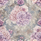 mauve, lavender, dusty rose, sage green, gray blue, hydrangeas, peonies, floral pattern, botanical design, vintage style, watercolor effect,, fabric panel, romantic mood, soft pastels, garden flowers, repeating motif, decorative leaves, feminine aesthetic, shabby chic