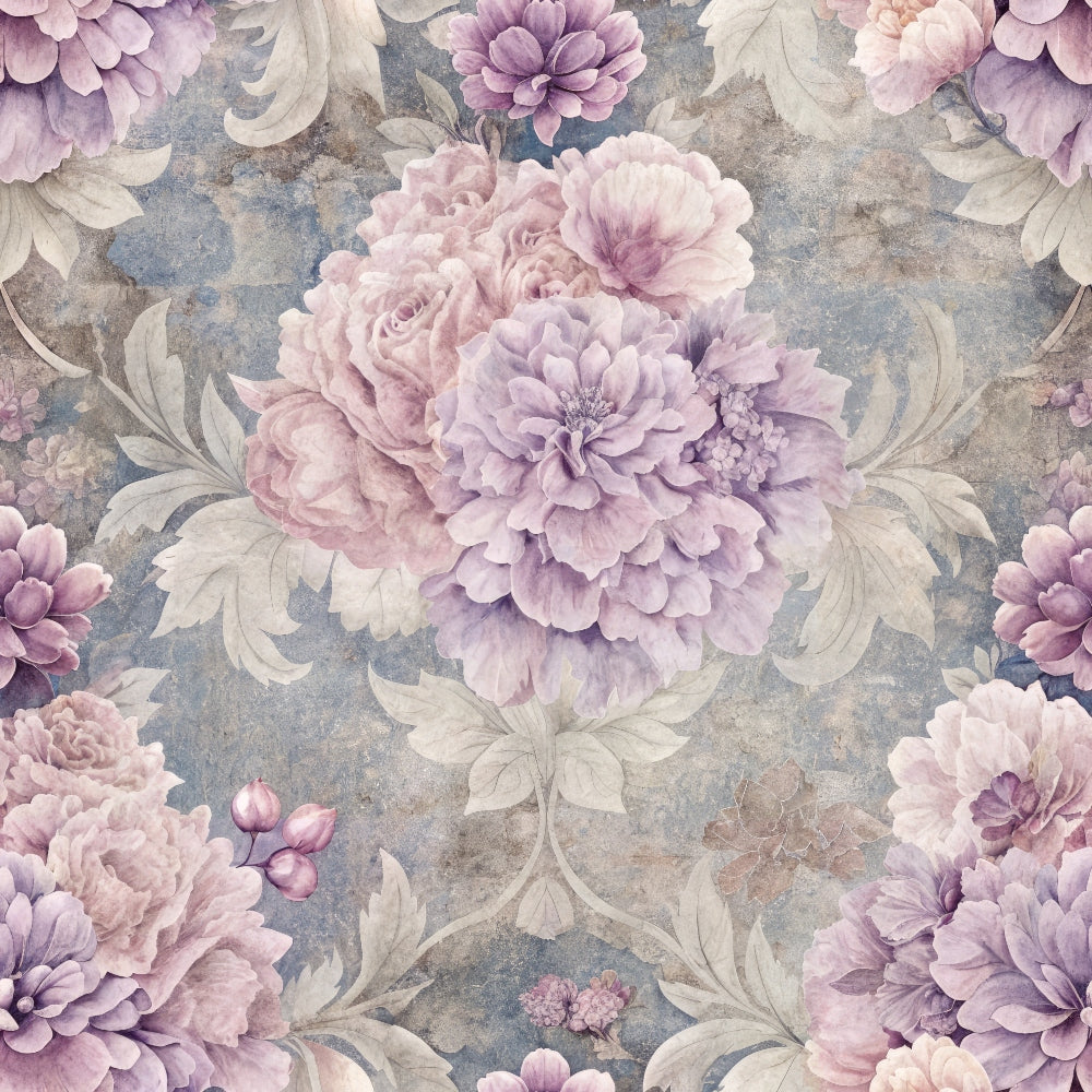 mauve, lavender, dusty rose, sage green, gray blue, hydrangeas, peonies, floral pattern, botanical design, vintage style, watercolor effect,, fabric panel, romantic mood, soft pastels, garden flowers, repeating motif, decorative leaves, feminine aesthetic, shabby chic