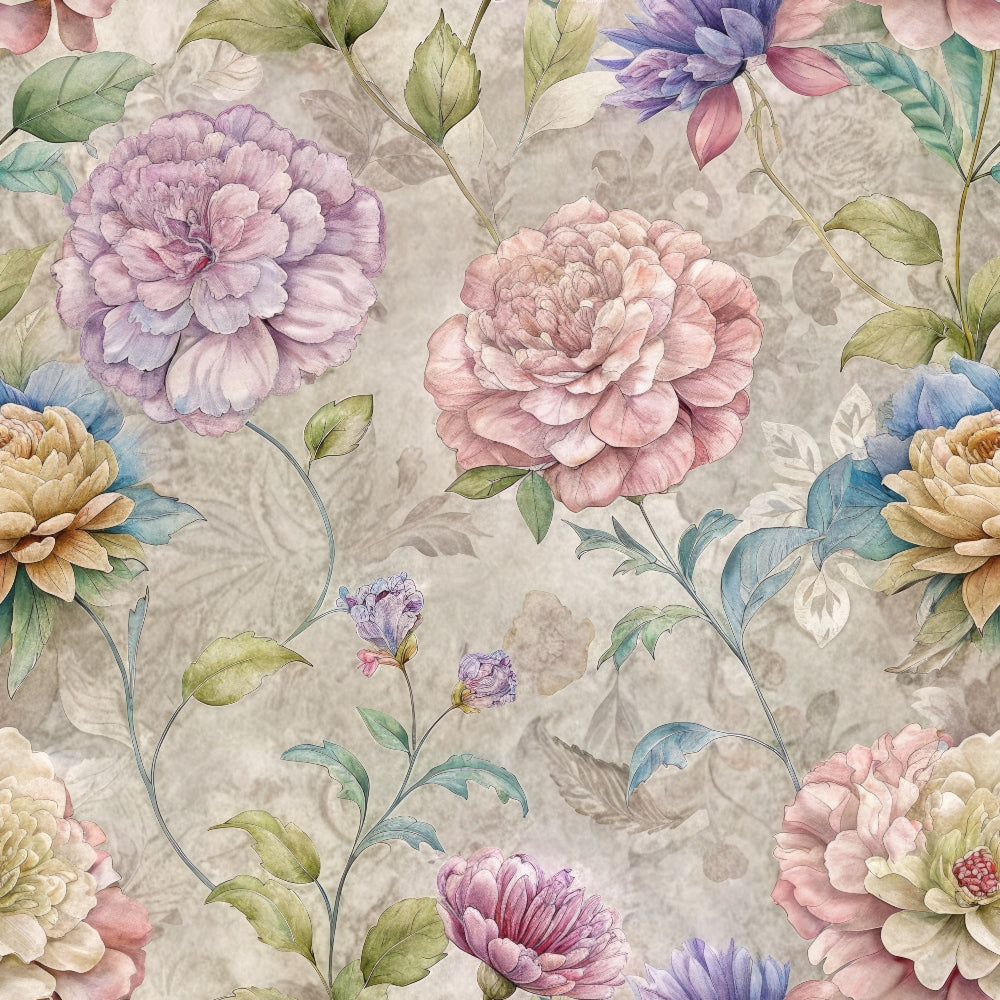 floral pattern, watercolor style, peonies, hydrangeas, soft pink, lavender purple, sage green, cream background, botanical design,, fabric panel, vintage flowers, pastel colors, romantic blooms, delicate petals, garden flowers, spring florals, feminine design, muted tones, cottage core
