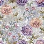 lavender, mauve, peach, sage green, floral pattern, hydrangeas, peonies, botanical design, vintage style, swirls, ornate leaves,, fabric panel, romantic mood, soft pastels, layered petals, flowing vines, decorative scrollwork, muted tones, elegant florals