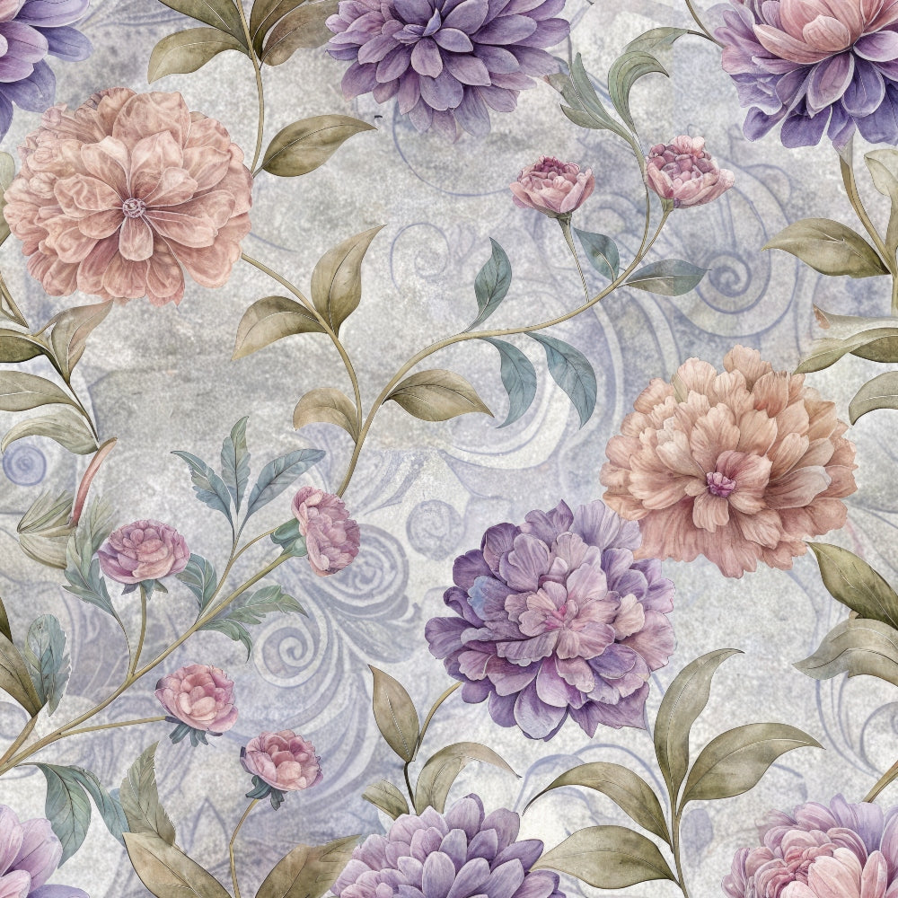 lavender, mauve, peach, sage green, floral pattern, hydrangeas, peonies, botanical design, vintage style, swirls, ornate leaves,, fabric panel, romantic mood, soft pastels, layered petals, flowing vines, decorative scrollwork, muted tones, elegant florals