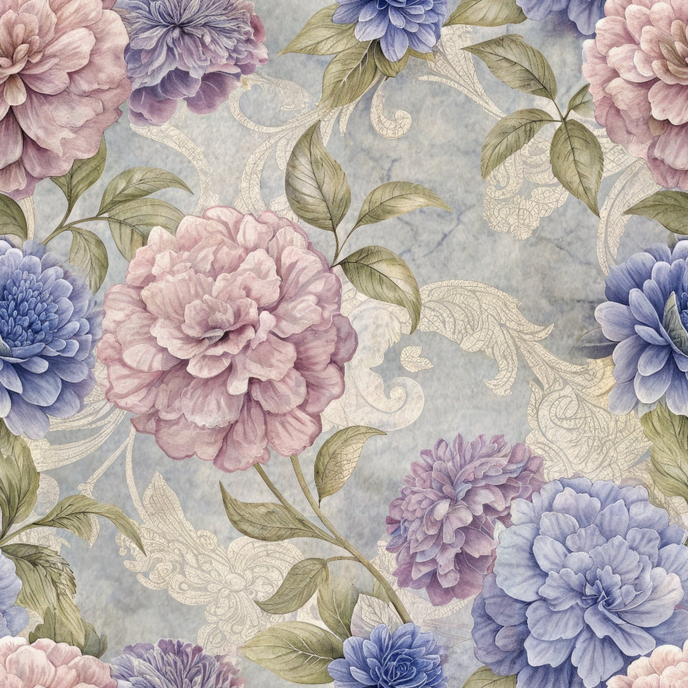 dusty blue, mauve pink, lavender purple, sage green, cream white, hydrangeas, peonies, floral pattern, botanical design, layered petals, ornate scrollwork, vintage style, romantic mood,, fabric panel, spring flowers, delicate leaves, soft pastels, repeating motif, garden blooms