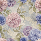 dusty blue, mauve pink, lavender purple, sage green, cream white, hydrangeas, peonies, floral pattern, botanical design, layered petals, ornate scrollwork, vintage style, romantic mood,, fabric panel, spring flowers, delicate leaves, soft pastels, repeating motif, garden blooms