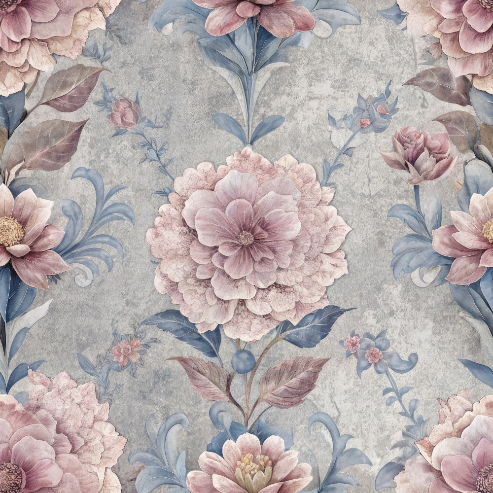 dusty rose, sage blue, mauve pink, gray background, floral pattern, peonies, hydrangeas, botanical design, vintage style, soft pastels,, fabric panel, layered petals, romantic florals, muted tones, watercolor effect, repeating motif, delicate flowers, shabby chic, feminine design