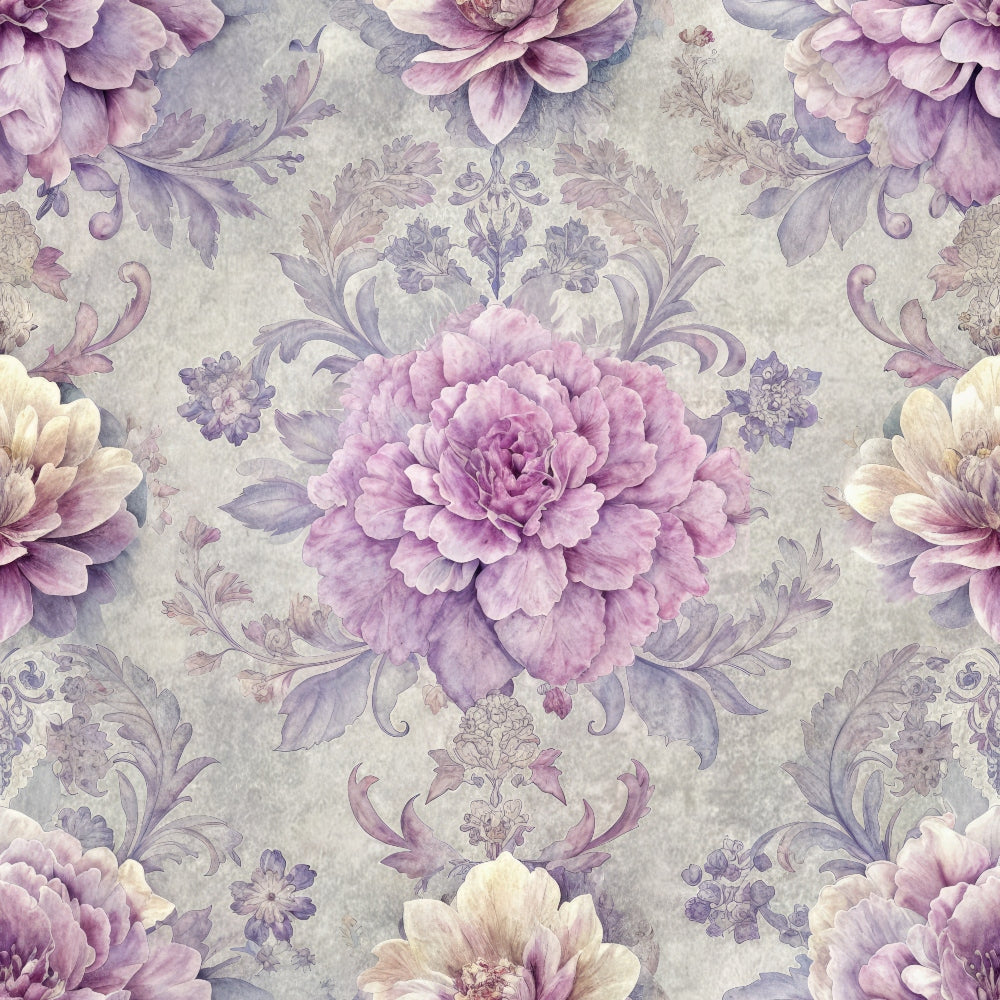 purple, lavender, mauve, cream, sage green, floral pattern, hydrangeas, peonies, damask motif, ornate scrollwork, botanical design, vintage style, romantic mood,, fabric panel, layered petals, decorative flourishes, soft pastels, ornamental leaves, repeating pattern