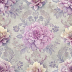 purple, lavender, mauve, cream, sage green, floral pattern, hydrangeas, peonies, damask motif, ornate scrollwork, botanical design, vintage style, romantic mood,, fabric panel, layered petals, decorative flourishes, soft pastels, ornamental leaves, repeating pattern