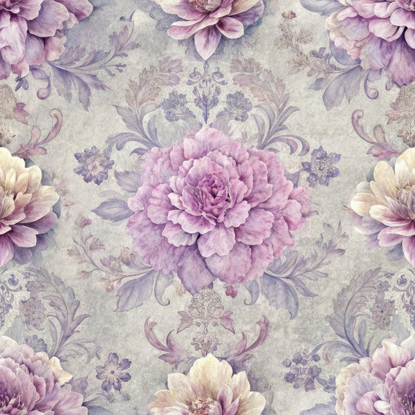 purple, lavender, mauve, cream, sage green, floral pattern, hydrangeas, peonies, damask motif, ornate scrollwork, botanical design, vintage style, romantic mood,, fabric panel, layered petals, decorative flourishes, soft pastels, ornamental leaves, repeating pattern