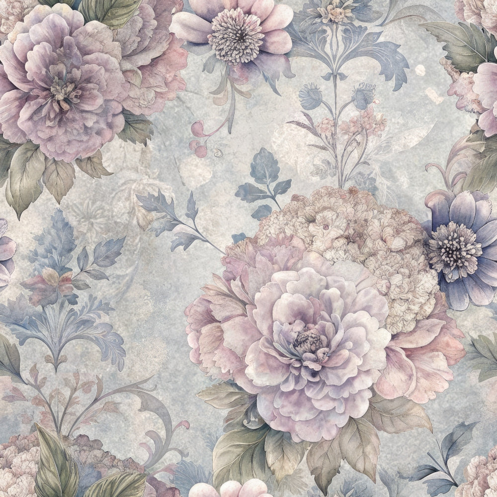 lavender, mauve, dusty blue, sage green, cream, hydrangeas, peonies, floral pattern, botanical design, vintage style, soft watercolor, romantic mood,, fabric panel, spring flowers, pastel tones, garden blooms, delicate petals, ornate flourishes, shabby chic