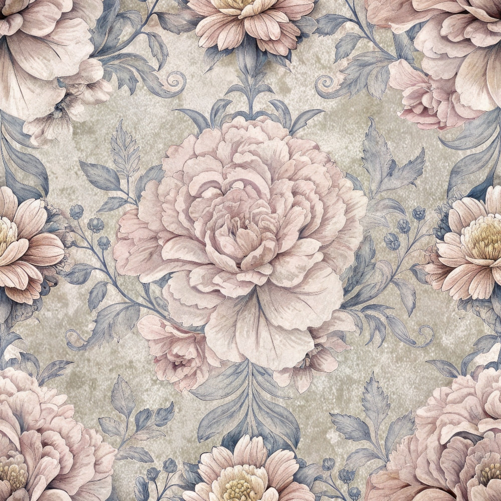 blush pink, sage green, dusty blue, peonies, hydrangeas, floral pattern, botanical design, vintage style, soft pastels,, fabric panel, romantic florals, layered petals, ornate leaves, shabby chic, muted tones, repeating motif, delicate flowers, cotton fabric