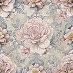 blush pink, sage green, dusty blue, peonies, hydrangeas, floral pattern, botanical design, vintage style, soft pastels,, fabric panel, romantic florals, layered petals, ornate leaves, shabby chic, muted tones, repeating motif, delicate flowers, cotton fabric