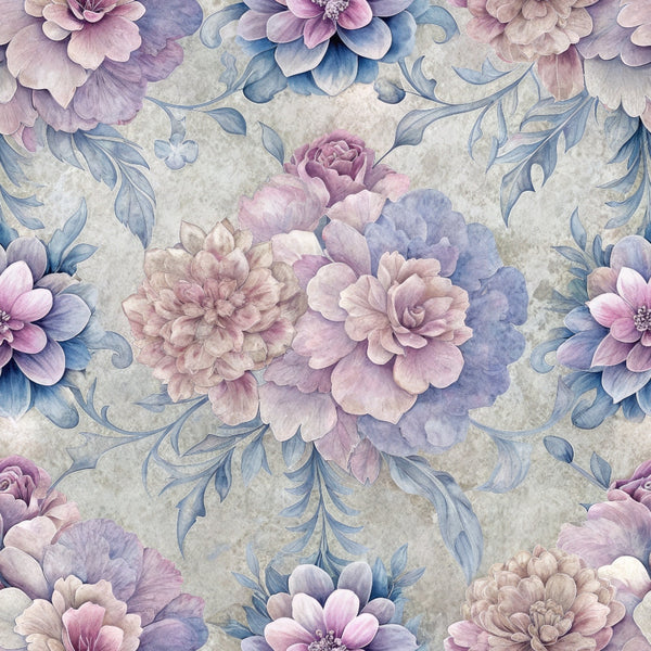 hydrangeas, peonies, floral pattern,, fabric panel, purple flowers, blue flowers, pink flowers, lavender, sage green, watercolor style, botanical design, romantic florals, soft pastels, repeating pattern, garden flowers, feminine design, spring theme, delicate petals, vintage inspired
