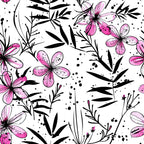 pink flowers, black leaves, white background, floral pattern, botanical design, six-petaled flowers, speckled dots, ink splatter effect, modern illustration,, fabric panel, contemporary style, magenta blooms, nature motif, scattered dots, artistic florals, tropical leaves, hand-drawn style, crafting material
