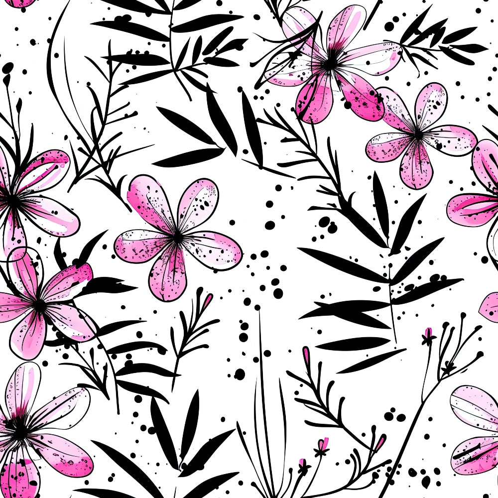 pink flowers, black leaves, white background, floral pattern, botanical design, six-petaled flowers, speckled dots, ink splatter effect, modern illustration,, fabric panel, contemporary style, magenta blooms, nature motif, scattered dots, artistic florals, tropical leaves, hand-drawn style, crafting material