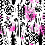 pink, magenta, black, white, abstract flowers, botanical silhouettes, circular spirals, whimsical plants, modern art style, watercolor splashes, contemporary design,, fabric panel, stylized flora, artistic blooms, geometric circles, hand-drawn style, creative pattern, crafting material