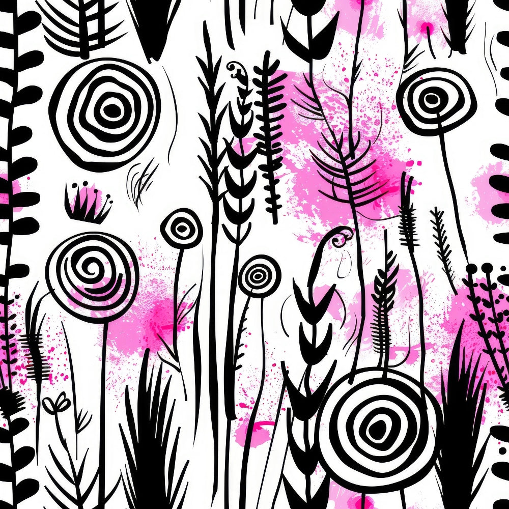 pink, magenta, black, white, abstract flowers, botanical silhouettes, circular spirals, whimsical plants, modern art style, watercolor splashes, contemporary design,, fabric panel, stylized flora, artistic blooms, geometric circles, hand-drawn style, creative pattern, crafting material