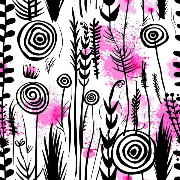 pink, magenta, black, white, abstract flowers, botanical silhouettes, circular spirals, whimsical plants, modern art style, watercolor splashes, contemporary design,, fabric panel, stylized flora, artistic blooms, geometric circles, hand-drawn style, creative pattern, crafting material