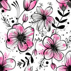 pink flowers, watercolor style, floral pattern, black outlines, botanical design, cotton fabric, quilting panel, hand-drawn aesthetic, feminine motif, blooming petals, artistic florals, soft pink tones, nature inspired, decorative blossoms, contemporary floral, crafting material, sewing fabric, modern botanical, delicate flowers, artistic pattern