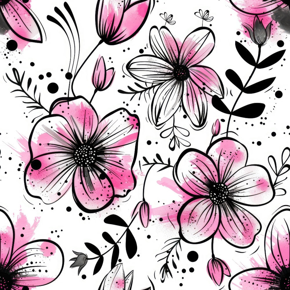 pink flowers, watercolor style, floral pattern, black outlines, botanical design, cotton fabric, quilting panel, hand-drawn aesthetic, feminine motif, blooming petals, artistic florals, soft pink tones, nature inspired, decorative blossoms, contemporary floral, crafting material, sewing fabric, modern botanical, delicate flowers, artistic pattern