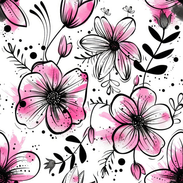 pink flowers, watercolor style, floral pattern, black outlines, botanical design, cotton fabric, quilting panel, hand-drawn aesthetic, feminine motif, blooming petals, artistic florals, soft pink tones, nature inspired, decorative blossoms, contemporary floral, crafting material, sewing fabric, modern botanical, delicate flowers, artistic pattern