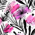 pink, magenta, purple, black, white, tropical leaves, palm fronds, botanical, floral motifs, ink splashes, paint splatters, abstract brushstrokes, modern art style, contemporary design,, fabric panel, artistic pattern, nature inspired, expressive style, watercolor effect