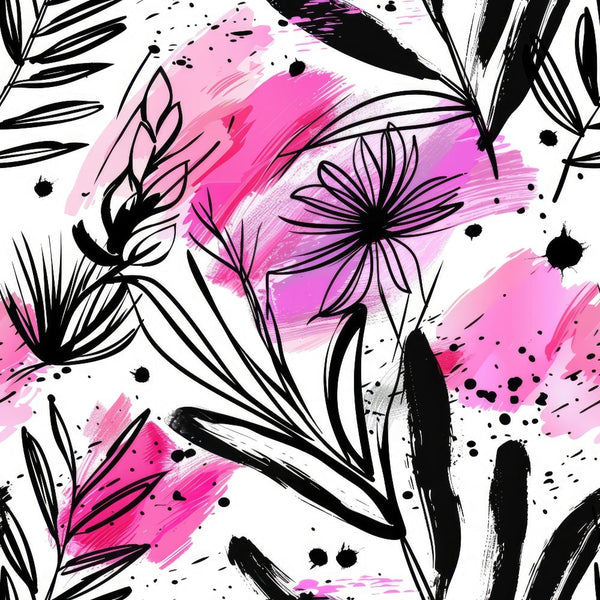pink, magenta, purple, black, white, tropical leaves, palm fronds, botanical, floral motifs, ink splashes, paint splatters, abstract brushstrokes, modern art style, contemporary design,, fabric panel, artistic pattern, nature inspired, expressive style, watercolor effect