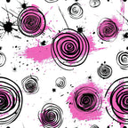 pink, black, white, spiral circles, concentric rings, paint splashes, ink blots, abstract swirls, grunge style, modern art, scattered dots, brush strokes, artistic splatters,, fabric panel, contemporary design, geometric circles, messy paint, vibrant pink, monochrome accents