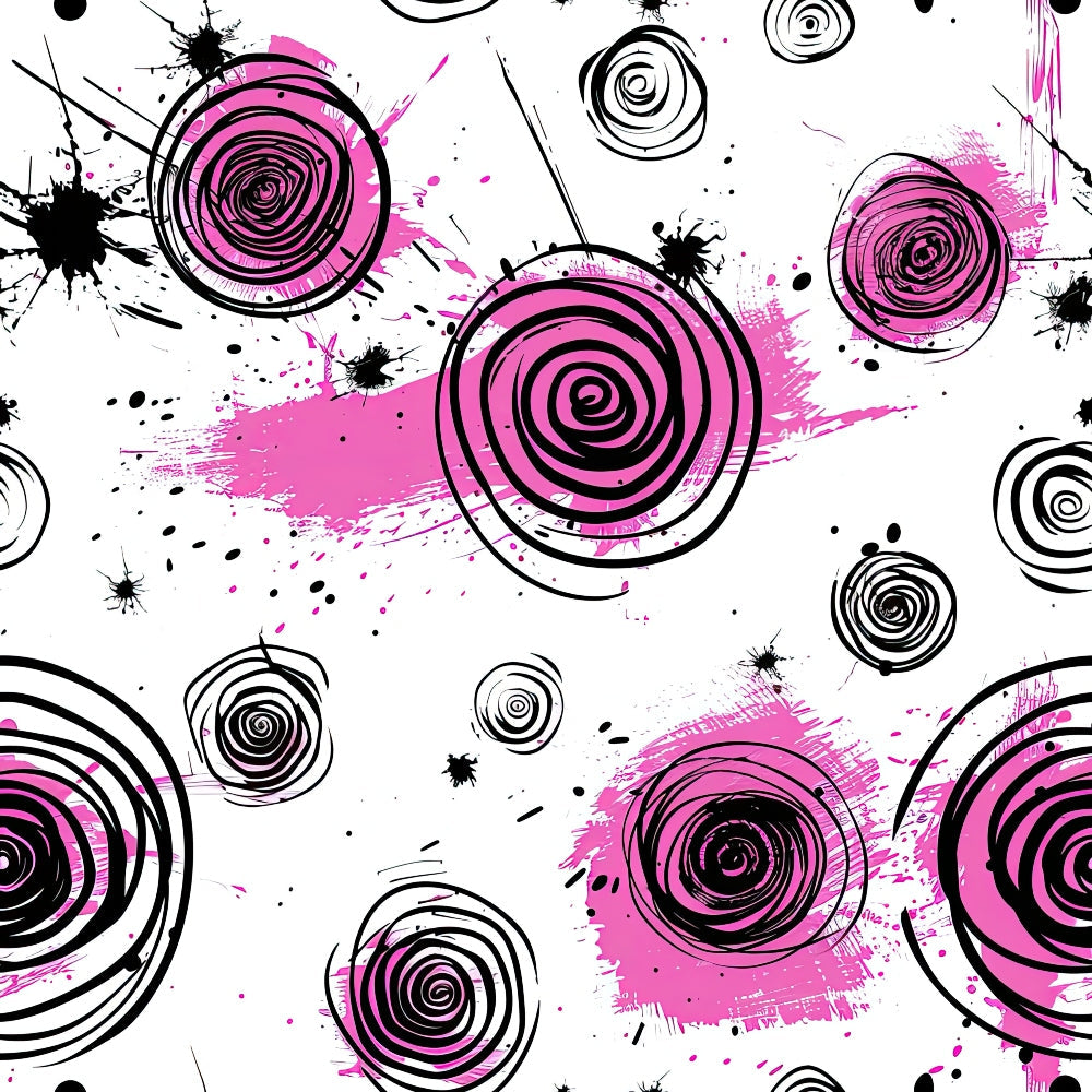 pink, black, white, spiral circles, concentric rings, paint splashes, ink blots, abstract swirls, grunge style, modern art, scattered dots, brush strokes, artistic splatters,, fabric panel, contemporary design, geometric circles, messy paint, vibrant pink, monochrome accents
