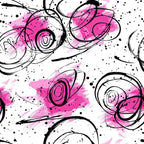 pink, black, white, abstract florals, swirls, spirals, brushstrokes, paint splatters, dots, modern art, contemporary design, artistic blooms, watercolor effect,, fabric panel, energetic pattern, flowing lines, organic shapes, decorative motifs