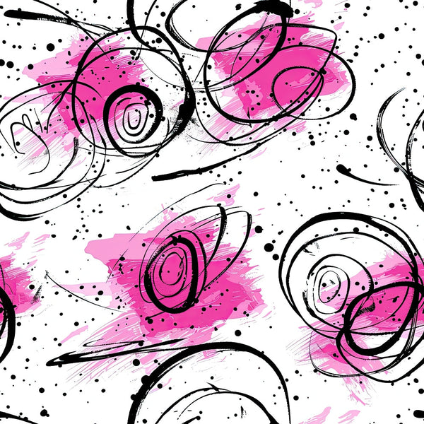 pink, black, white, abstract florals, swirls, spirals, brushstrokes, paint splatters, dots, modern art, contemporary design, artistic blooms, watercolor effect,, fabric panel, energetic pattern, flowing lines, organic shapes, decorative motifs