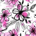 pink, black, white, floral pattern, flowers, petals, leaves, botanical, ink wash, watercolor style, artistic, modern,, fabric panel, nature motif, feminine, contemporary design, splatter effect, sketch style, organic shapes