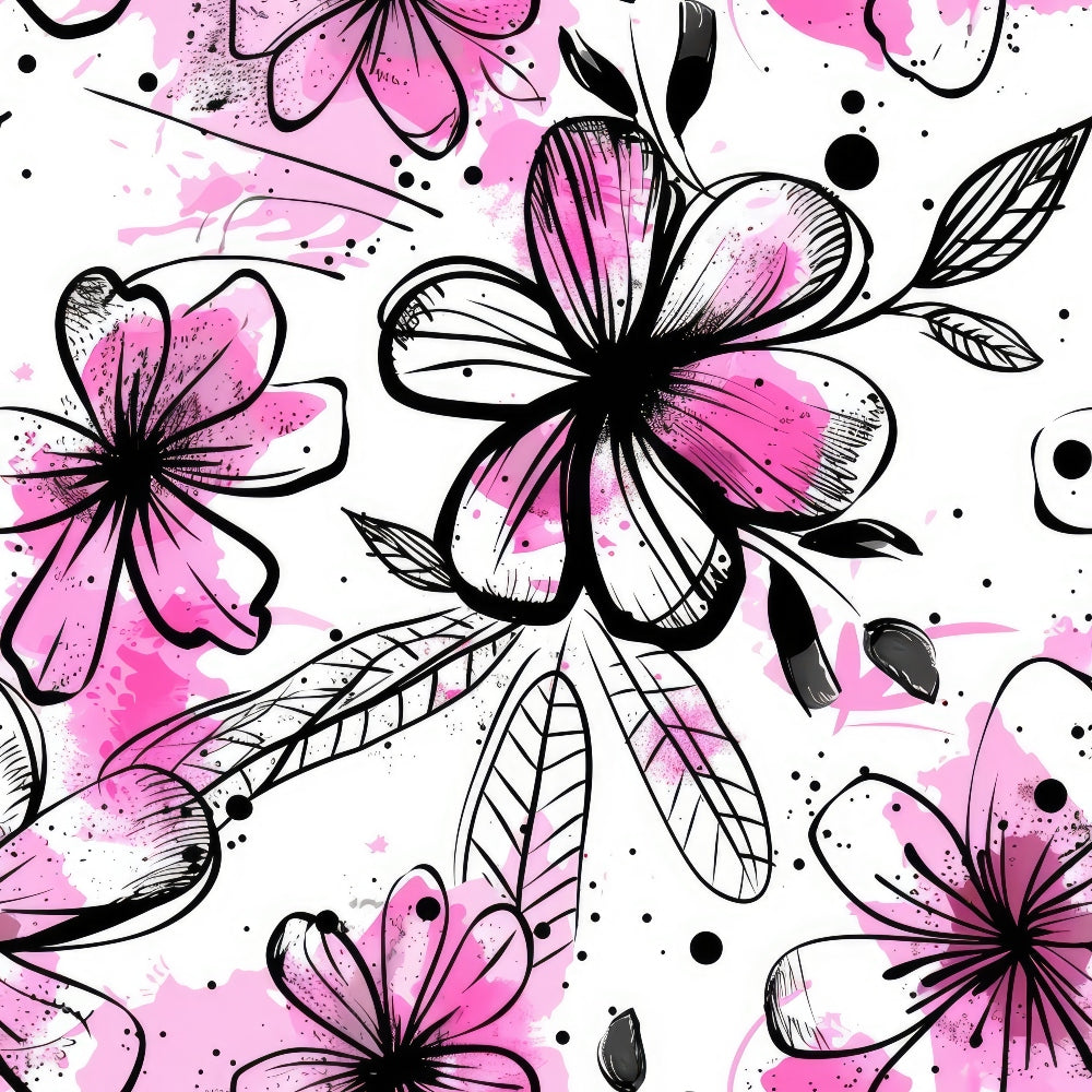 pink, black, white, floral pattern, flowers, petals, leaves, botanical, ink wash, watercolor style, artistic, modern,, fabric panel, nature motif, feminine, contemporary design, splatter effect, sketch style, organic shapes