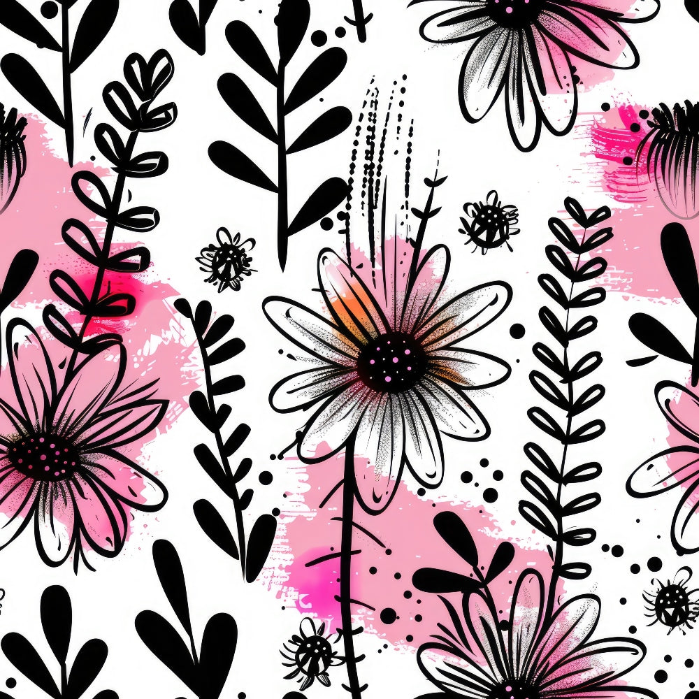 pink, black, white, floral pattern, daisy flowers, botanical design, leaves, stems, watercolor splashes, modern art style, hand drawn, sketchy lines, feminine, spring theme,, fabric panel, contemporary floral, ink style, artistic blooms, nature motifs