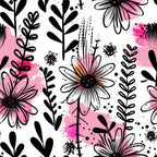 pink, black, white, floral pattern, daisy flowers, botanical design, leaves, stems, watercolor splashes, modern art style, hand drawn, sketchy lines, feminine, spring theme,, fabric panel, contemporary floral, ink style, artistic blooms, nature motifs