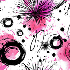pink, magenta, black, white, abstract floral, ink splashes, brush strokes, starburst motifs, circular swirls, contemporary art, modern design, watercolor effect, dynamic pattern, artistic brushwork,, fabric panel, energetic mood, paint splatters, geometric circles, expressive style