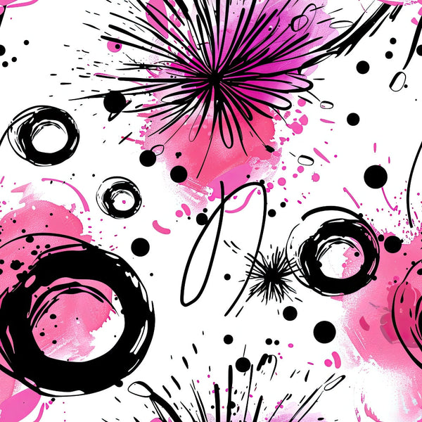 pink, magenta, black, white, abstract floral, ink splashes, brush strokes, starburst motifs, circular swirls, contemporary art, modern design, watercolor effect, dynamic pattern, artistic brushwork,, fabric panel, energetic mood, paint splatters, geometric circles, expressive style