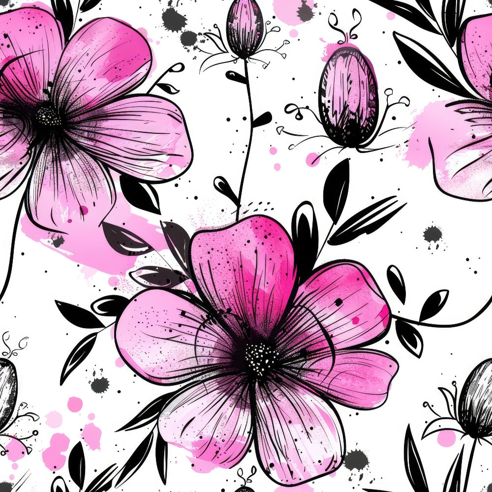 pink flowers, black leaves, floral pattern, watercolor style, ink splatter, botanical design, five-petaled blooms, stamens, buds,, fabric panel, artistic florals, magenta petals, sketched outlines, nature motif, garden flowers, feminine colors, craft fabric, sewing material, contemporary floral