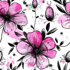 pink flowers, black leaves, floral pattern, watercolor style, ink splatter, botanical design, five-petaled blooms, stamens, buds,, fabric panel, artistic florals, magenta petals, sketched outlines, nature motif, garden flowers, feminine colors, craft fabric, sewing material, contemporary floral