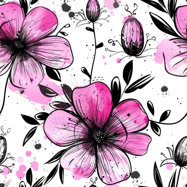 pink flowers, black leaves, floral pattern, watercolor style, ink splatter, botanical design, five-petaled blooms, stamens, buds,, fabric panel, artistic florals, magenta petals, sketched outlines, nature motif, garden flowers, feminine colors, craft fabric, sewing material, contemporary floral