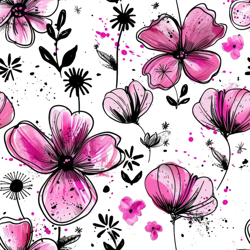 pink flowers, magenta blooms, black silhouettes, watercolor effect, floral pattern, ink splatter, botanical design, five-petaled flowers, artistic brushstrokes, contemporary style,, fabric panel, modern floral, pink and black, decorative flowers, scattered petals, painterly technique, crafting material, sewing fabric, floral motifs