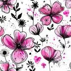 pink flowers, magenta blooms, black silhouettes, watercolor effect, floral pattern, ink splatter, botanical design, five-petaled flowers, artistic brushstrokes, contemporary style,, fabric panel, modern floral, pink and black, decorative flowers, scattered petals, painterly technique, crafting material, sewing fabric, floral motifs