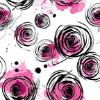 pink roses, black ink strokes, white background, floral pattern, abstract roses, watercolor splashes, modern art style,, fabric panel, pink and black, contemporary floral, artistic brushstrokes, scattered dots, painterly effect, rose motifs, monochromatic palette, graphic flowers, stylized blooms
