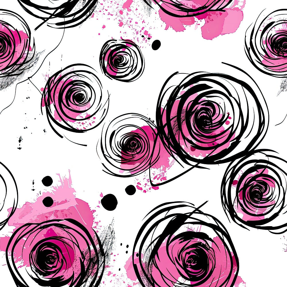 pink roses, black ink strokes, white background, floral pattern, abstract roses, watercolor splashes, modern art style,, fabric panel, pink and black, contemporary floral, artistic brushstrokes, scattered dots, painterly effect, rose motifs, monochromatic palette, graphic flowers, stylized blooms