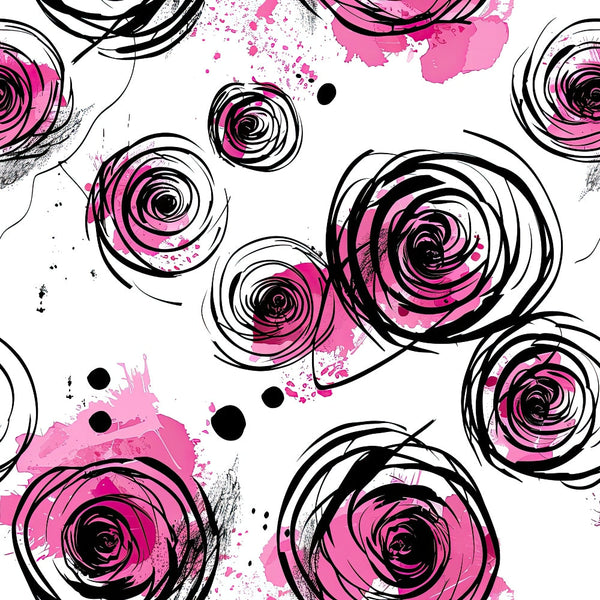 pink roses, black ink strokes, white background, floral pattern, abstract roses, watercolor splashes, modern art style,, fabric panel, pink and black, contemporary floral, artistic brushstrokes, scattered dots, painterly effect, rose motifs, monochromatic palette, graphic flowers, stylized blooms